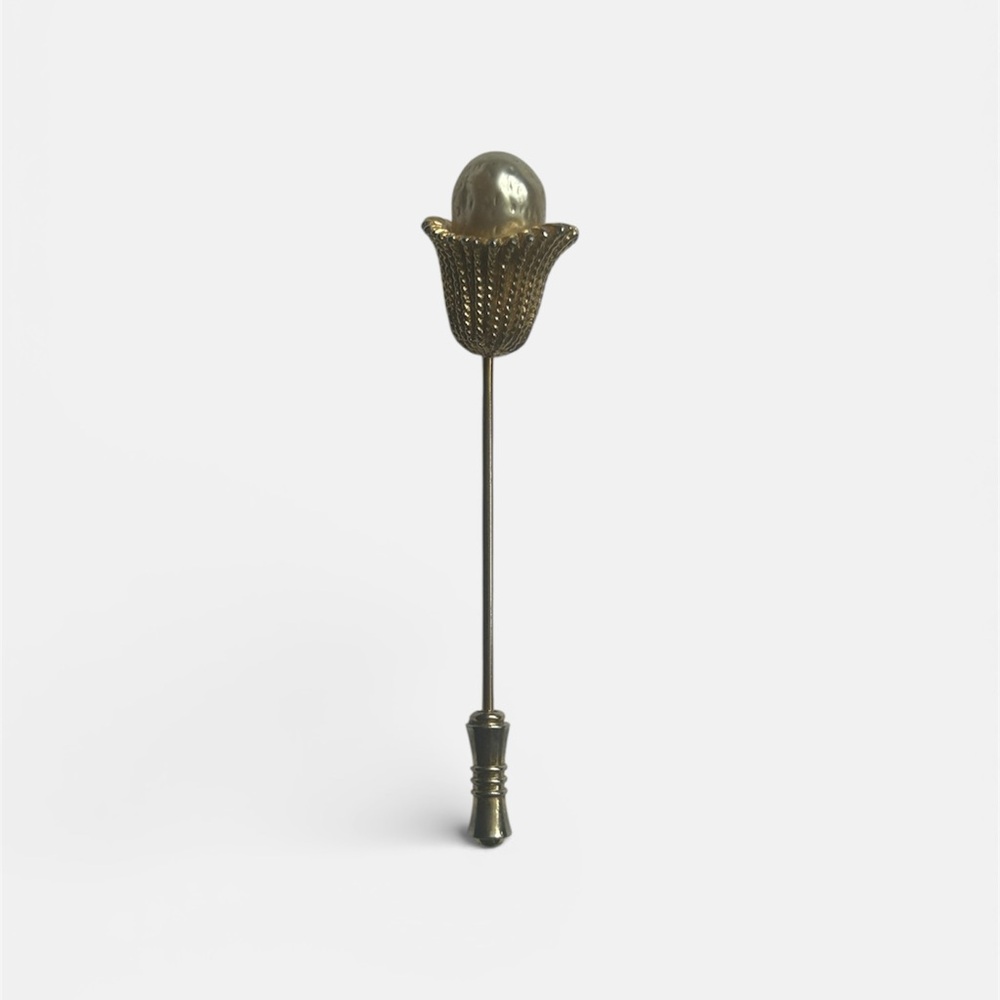 Vintage Faux Pearl Tulip Stick Pin - Gold Tone Filigree Hat Pin